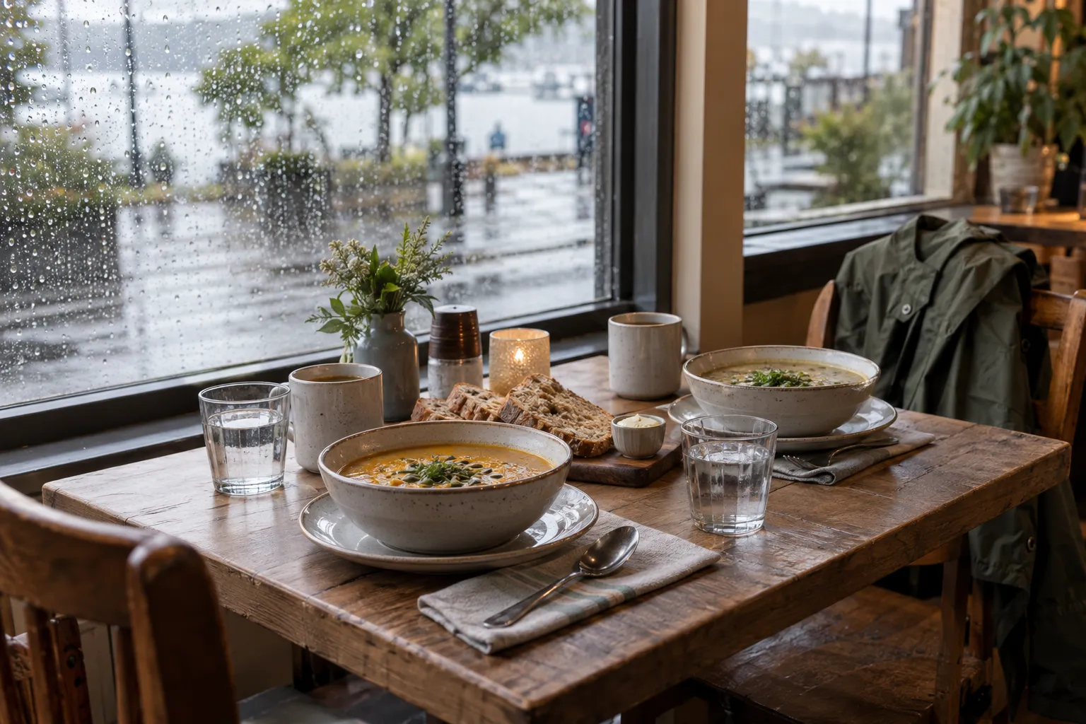 Illustrative lunch break with soup, bread and mugs beside a rain-speckled cafe window.